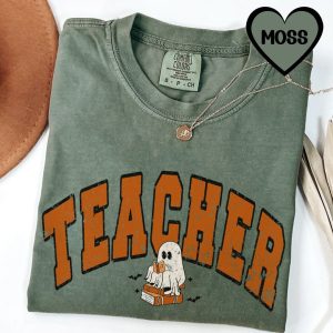Teacher Retro Ghost Reading Books Halloween Graphic T-Shirt