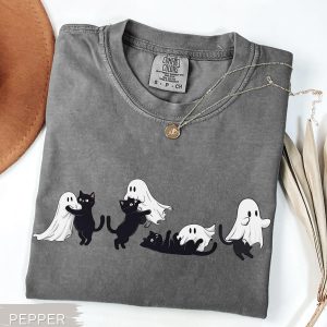 Halloween Ghost Black Cat Cute Spooky Season Graphic T-Shirt
