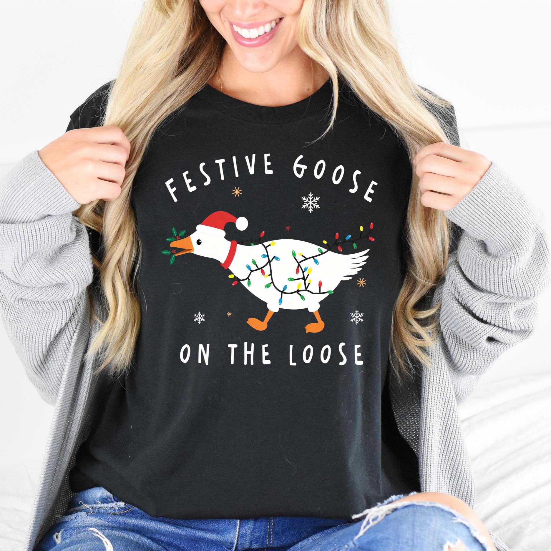 Funny Christmas Goose Festive On The Loose Graphic T-Shirt